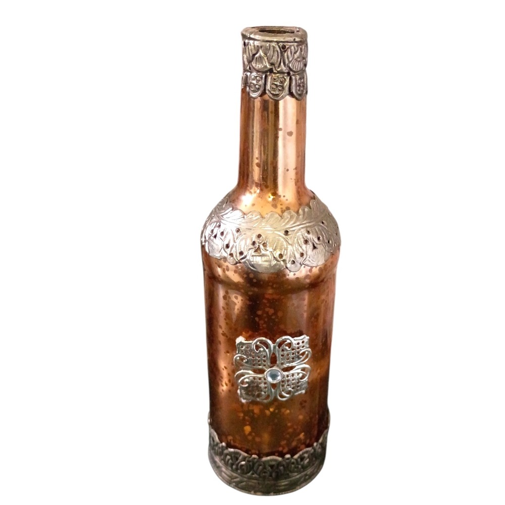 Vintage Ornate Copper Mercury Glass Bottle Silver Filigree Rhinestone Decor 11"